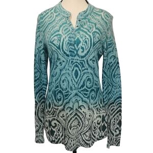 Athleta Ombre Tribal Print Long Sleeve 1/4 Snap Front Top Aqua Blue - Sz M